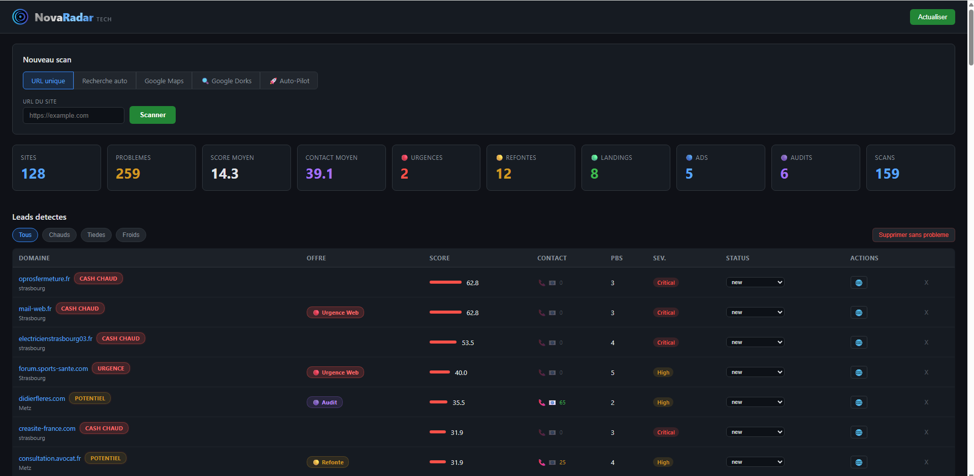 NovaRadar Tech v1 — ancien dashboard